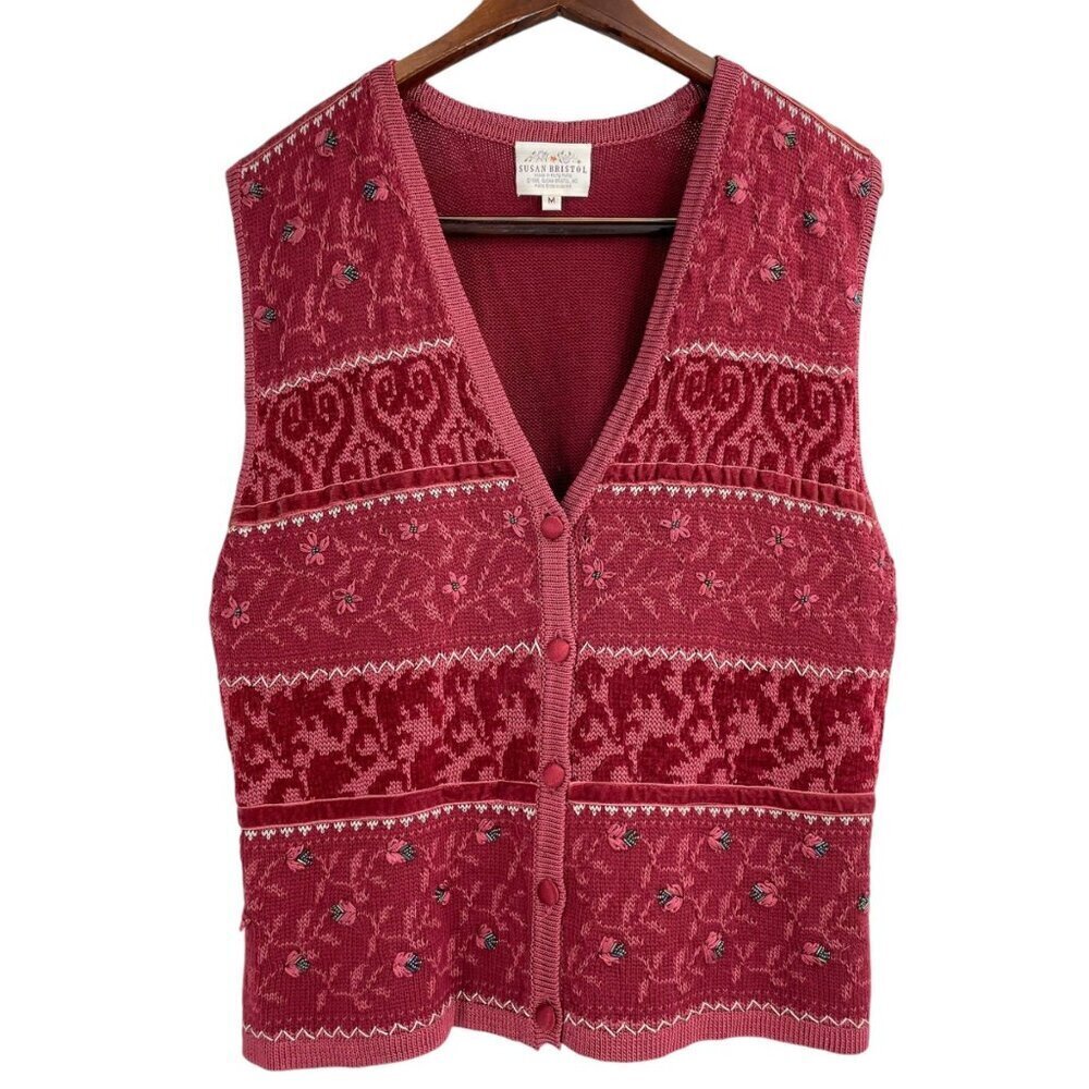 Vintage Susan Bristol Red Hand Embroidered Beaded Sweater Vest Womens Medium